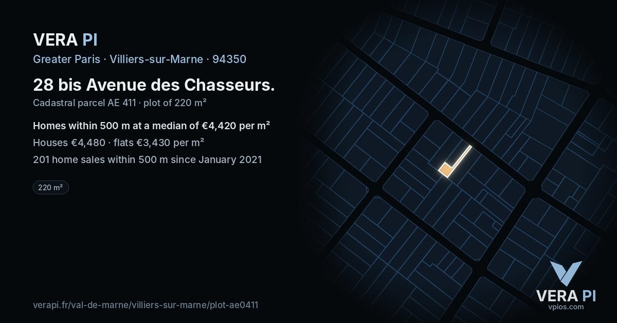 28 bis Avenue des Chasseurs, Villiers-sur-Marne at night – the plot lit, the parcels around coloured by the prices near them