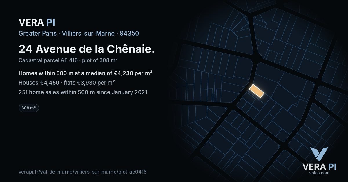 24 Avenue de la Chênaie, Villiers-sur-Marne at night – the plot lit, the parcels around coloured by the prices near them