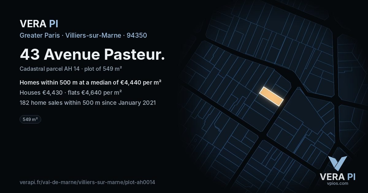 43 Avenue Pasteur, Villiers-sur-Marne at night – the plot lit, the parcels around coloured by the prices near them