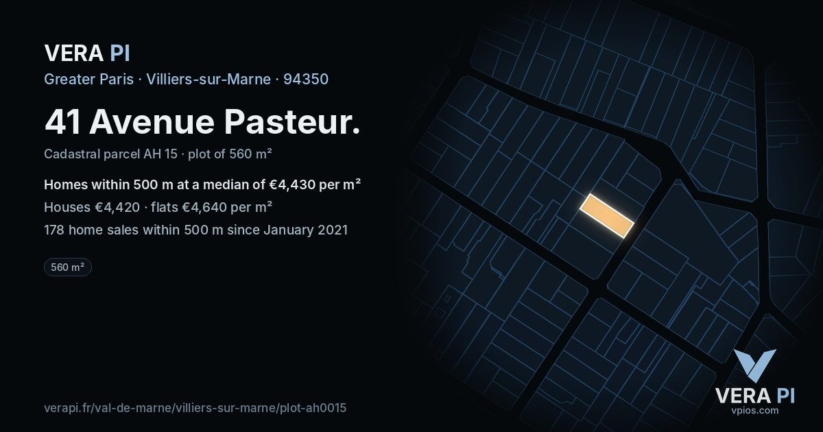 41 Avenue Pasteur, Villiers-sur-Marne at night – the plot lit, the parcels around coloured by the prices near them