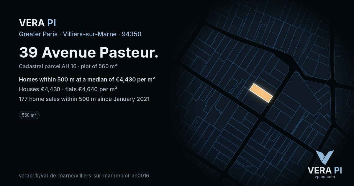 39 Avenue Pasteur, Villiers-sur-Marne at night – the plot lit, the parcels around coloured by the prices near them