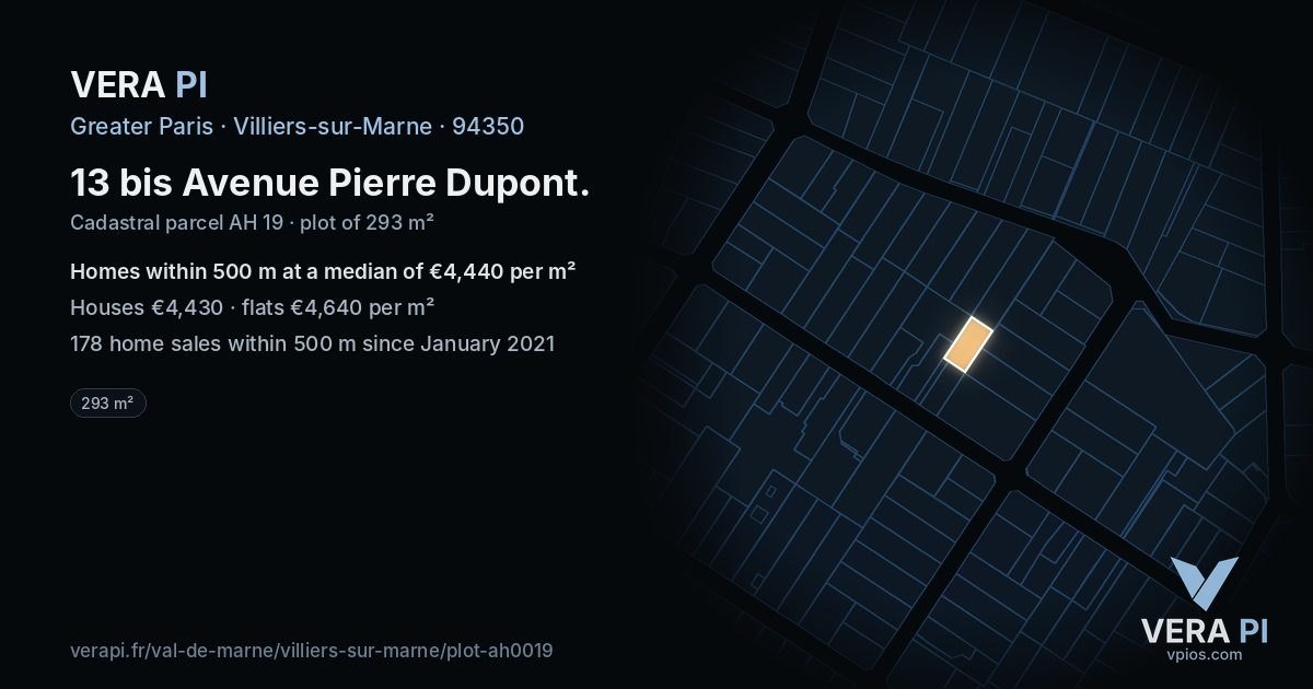 13 bis Avenue Pierre Dupont, Villiers-sur-Marne at night – the plot lit, the parcels around coloured by the prices near them