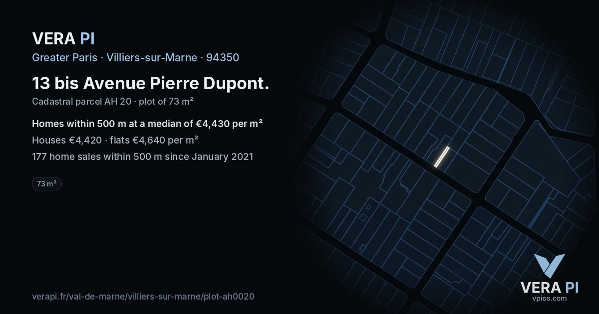 13 bis Avenue Pierre Dupont, Villiers-sur-Marne at night – the plot lit, the parcels around coloured by the prices near them