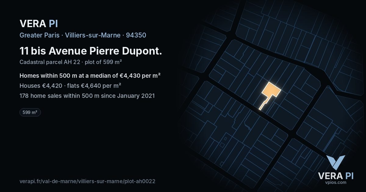 11 bis Avenue Pierre Dupont, Villiers-sur-Marne at night – the plot lit, the parcels around coloured by the prices near them
