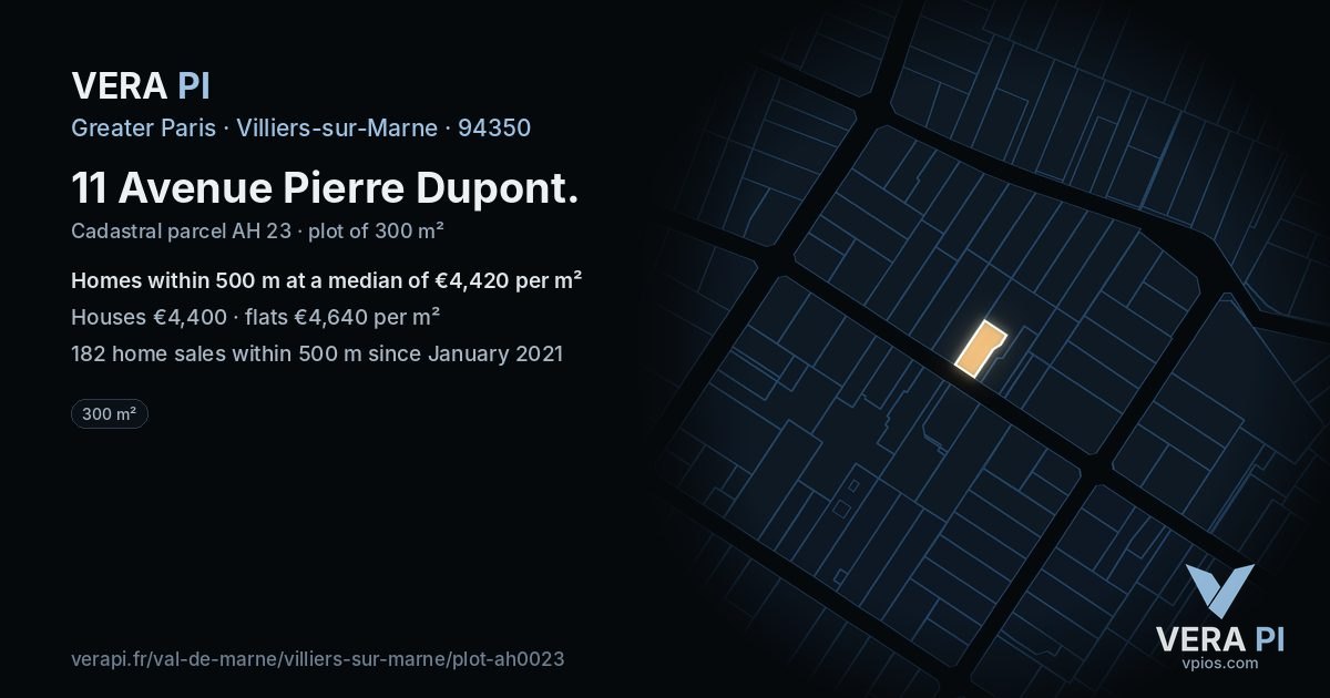 11 Avenue Pierre Dupont, Villiers-sur-Marne at night – the plot lit, the parcels around coloured by the prices near them