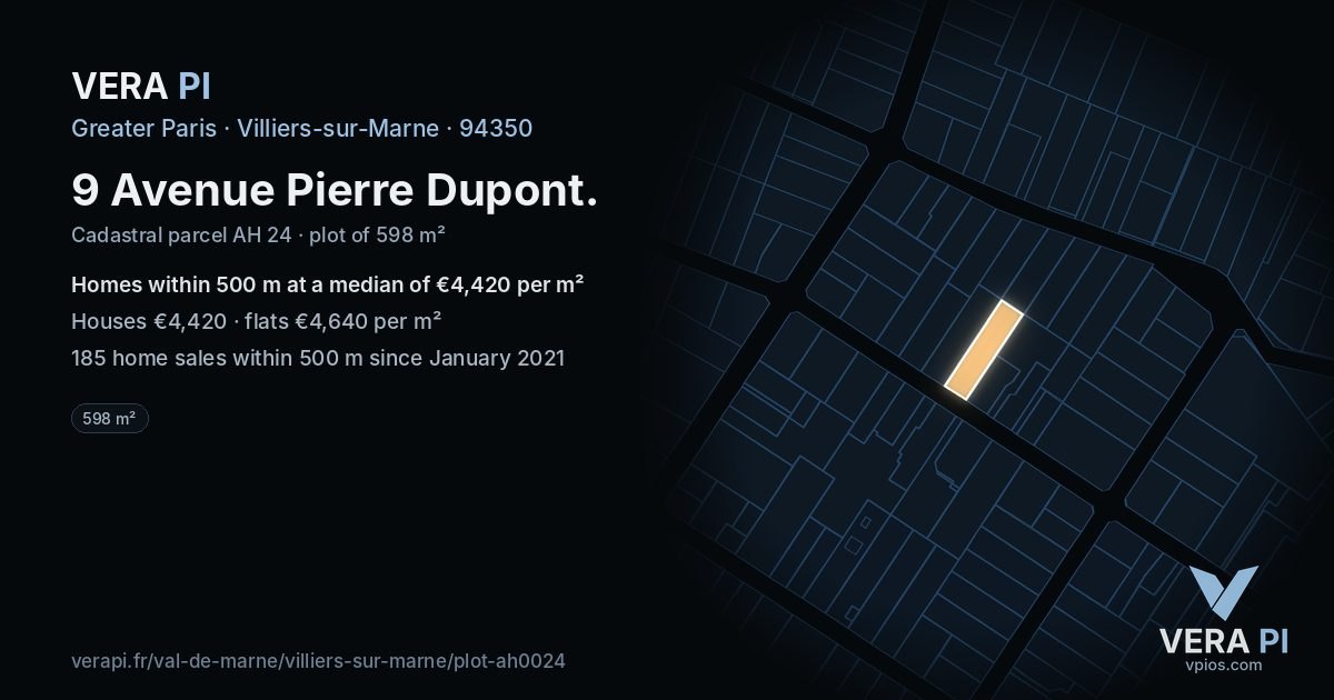 9 Avenue Pierre Dupont, Villiers-sur-Marne at night – the plot lit, the parcels around coloured by the prices near them
