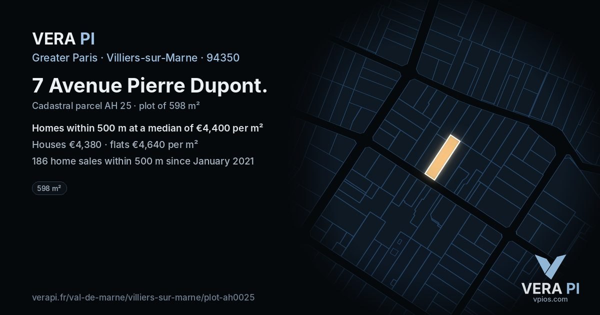 7 Avenue Pierre Dupont, Villiers-sur-Marne at night – the plot lit, the parcels around coloured by the prices near them