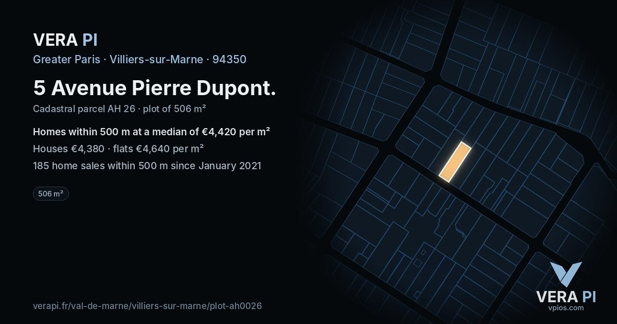5 Avenue Pierre Dupont, Villiers-sur-Marne at night – the plot lit, the parcels around coloured by the prices near them