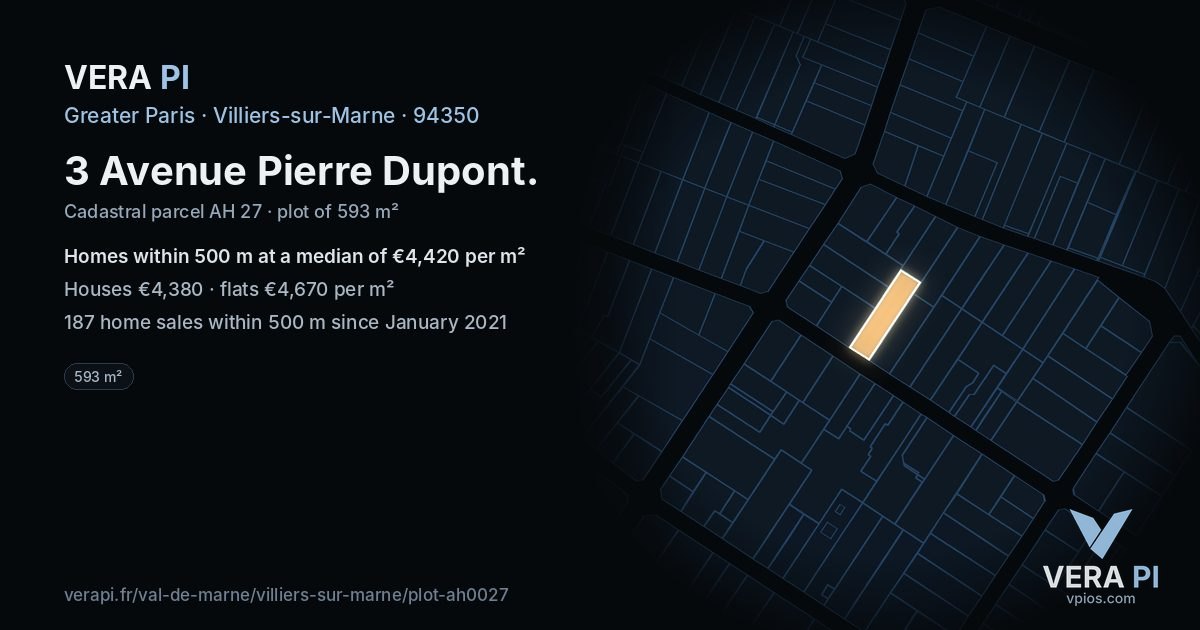 3 Avenue Pierre Dupont, Villiers-sur-Marne at night – the plot lit, the parcels around coloured by the prices near them