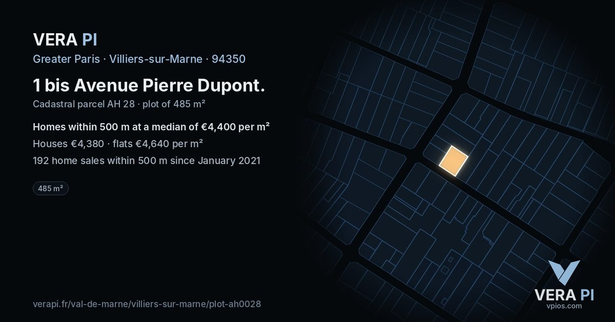 1 bis Avenue Pierre Dupont, Villiers-sur-Marne at night – the plot lit, the parcels around coloured by the prices near them