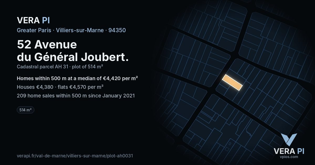 52 Avenue du Général Joubert, Villiers-sur-Marne at night – the plot lit, the parcels around coloured by the prices near them