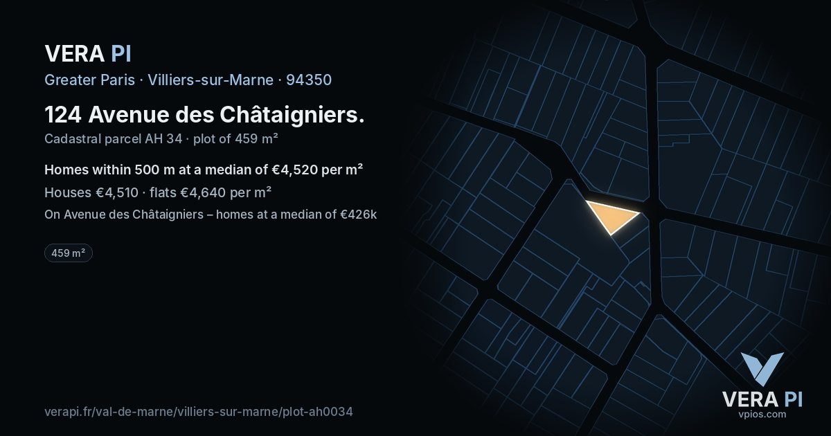 124 Avenue des Châtaigniers, Villiers-sur-Marne at night – the plot lit, the parcels around coloured by the prices near them