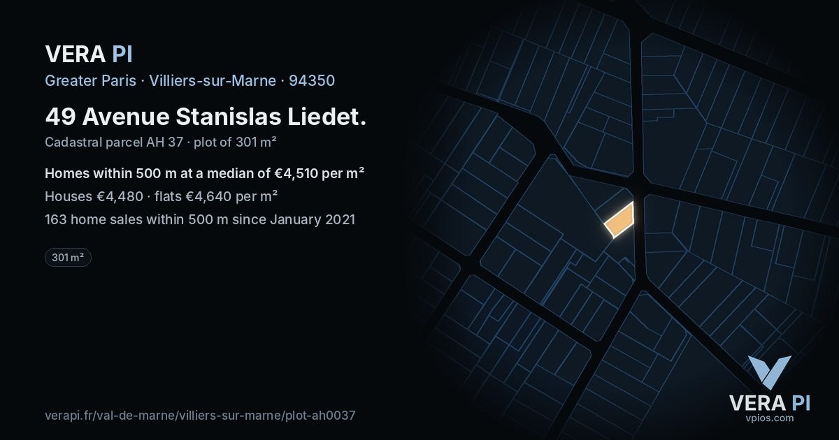 49 Avenue Stanislas Liedet, Villiers-sur-Marne at night – the plot lit, the parcels around coloured by the prices near them