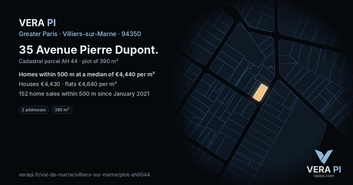35 Avenue Pierre Dupont, Villiers-sur-Marne at night – the plot lit, the parcels around coloured by the prices near them