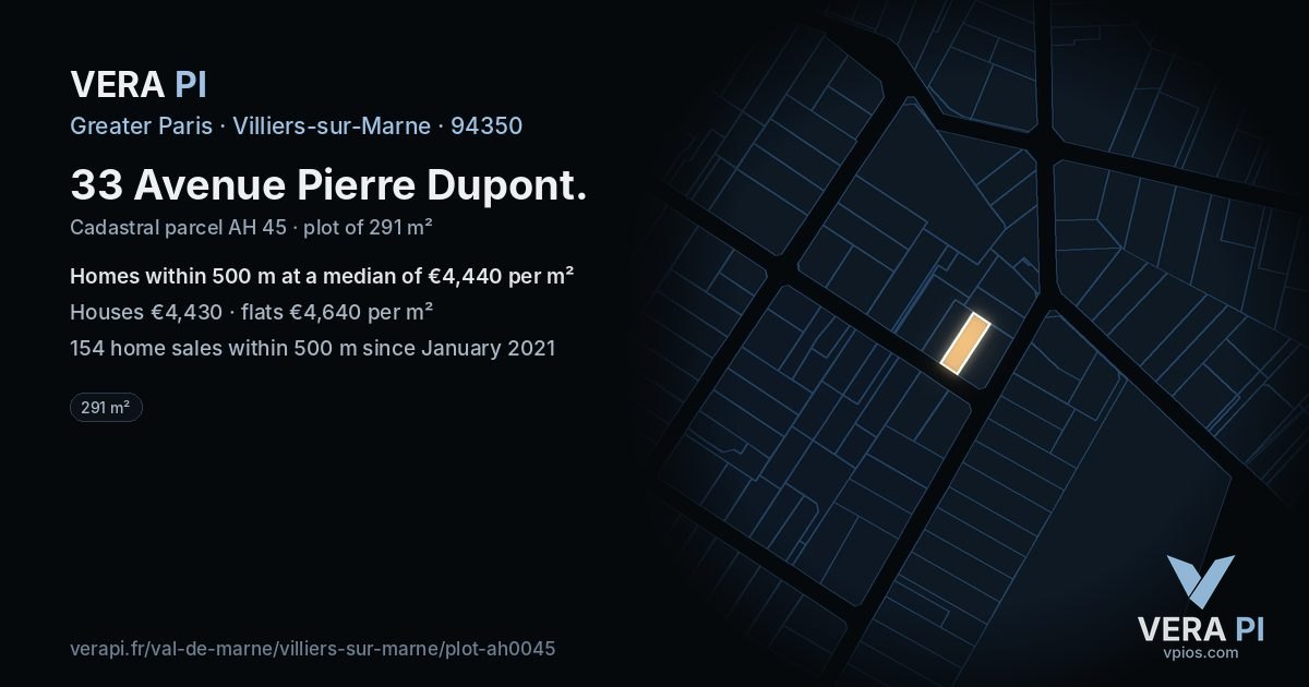 33 Avenue Pierre Dupont, Villiers-sur-Marne at night – the plot lit, the parcels around coloured by the prices near them