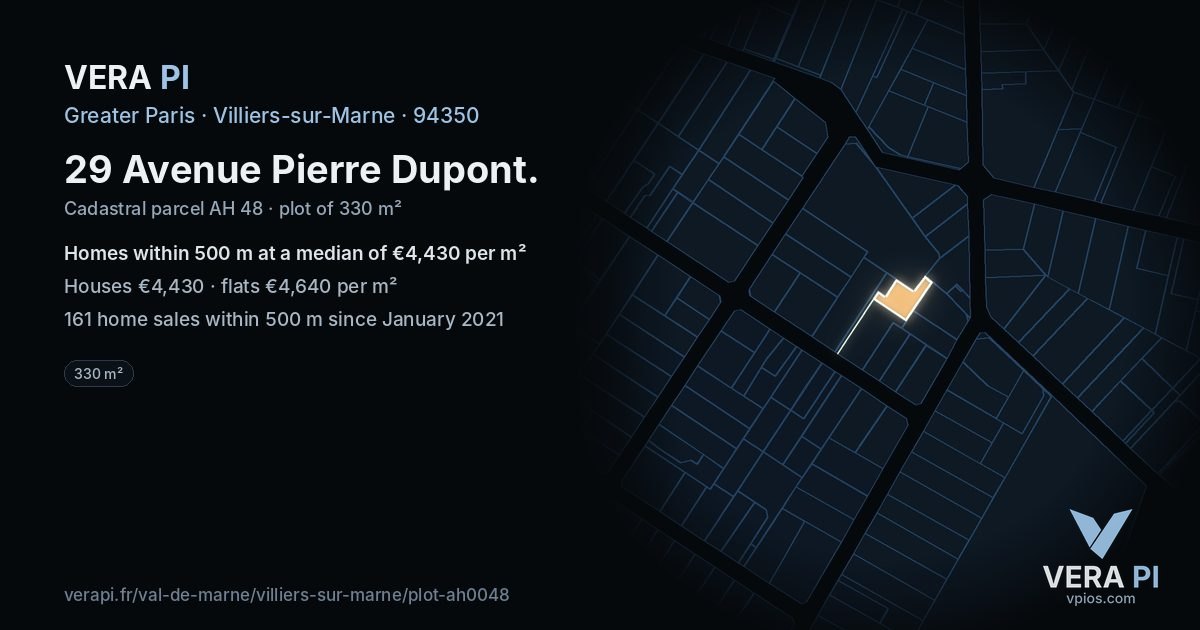 29 Avenue Pierre Dupont, Villiers-sur-Marne at night – the plot lit, the parcels around coloured by the prices near them