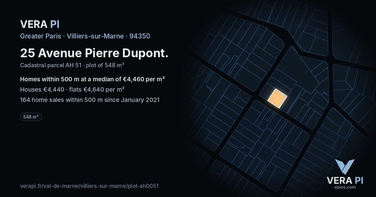 25 Avenue Pierre Dupont, Villiers-sur-Marne at night – the plot lit, the parcels around coloured by the prices near them