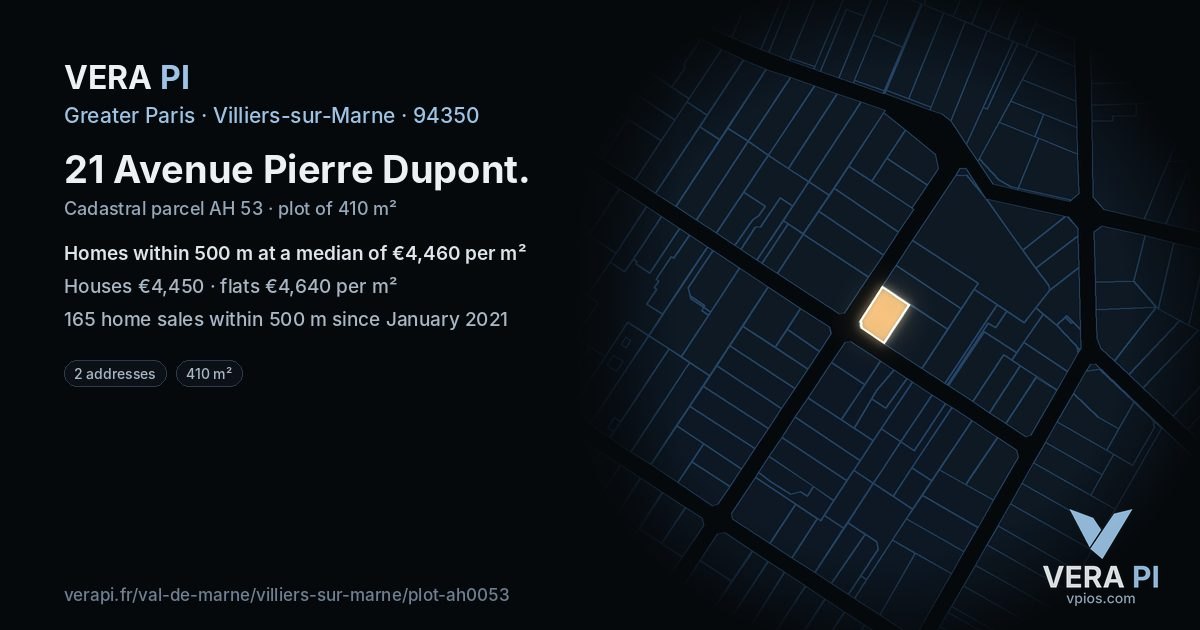 21 Avenue Pierre Dupont, Villiers-sur-Marne at night – the plot lit, the parcels around coloured by the prices near them