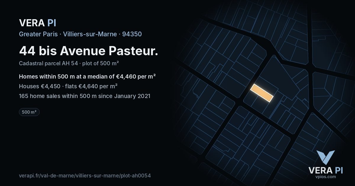 44 bis Avenue Pasteur, Villiers-sur-Marne at night – the plot lit, the parcels around coloured by the prices near them