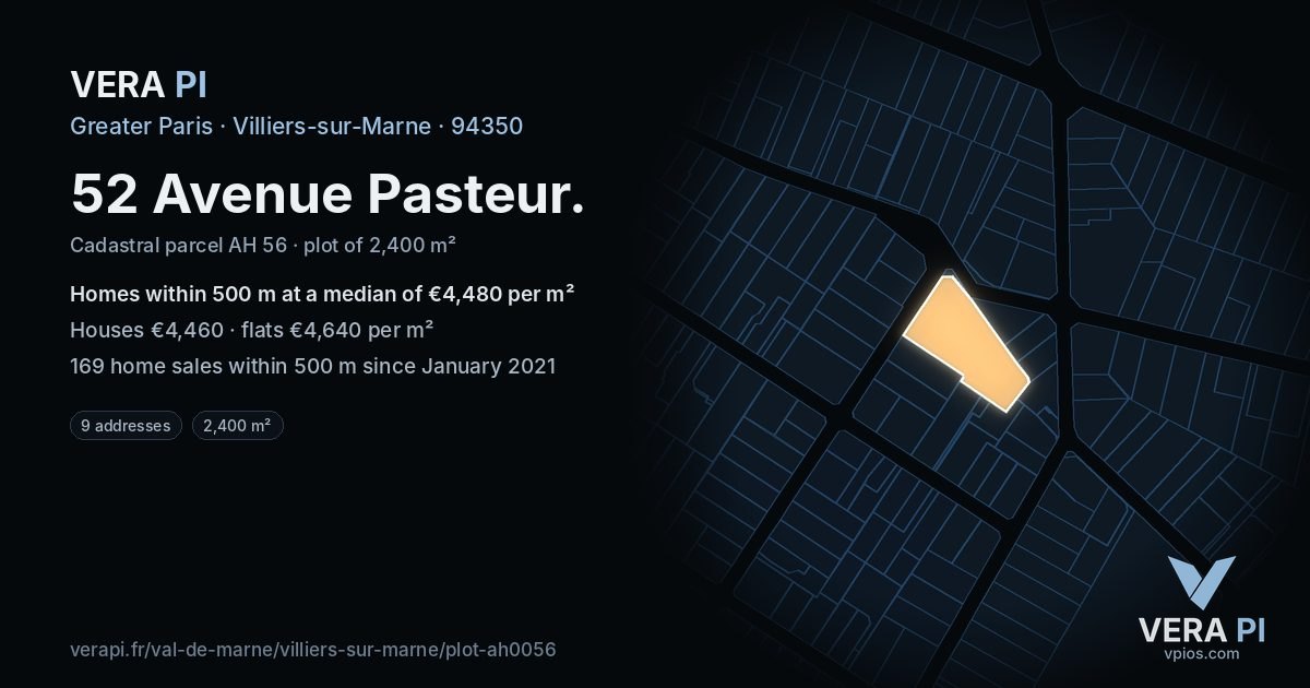 52 Avenue Pasteur, Villiers-sur-Marne at night – the plot lit, the parcels around coloured by the prices near them