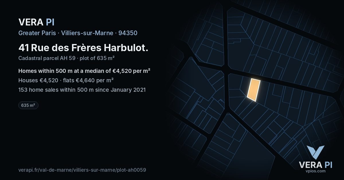 41 Rue des Frères Harbulot, Villiers-sur-Marne at night – the plot lit, the parcels around coloured by the prices near them