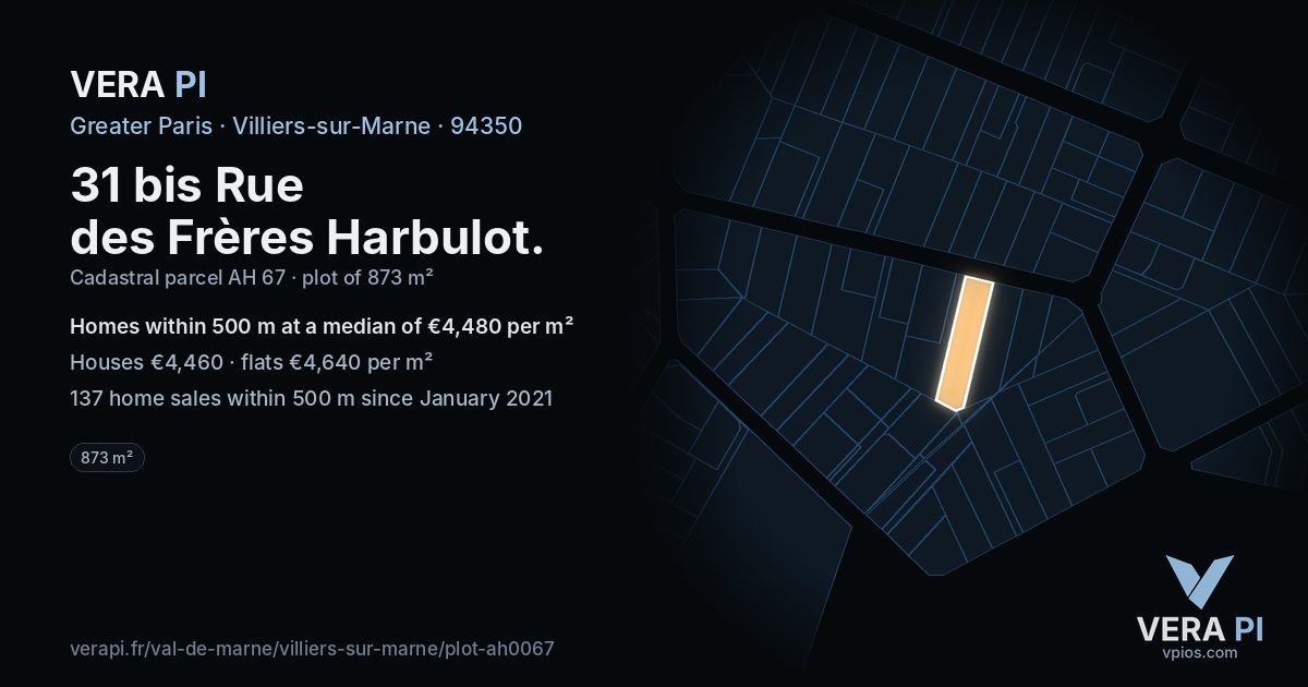 31 bis Rue des Frères Harbulot, Villiers-sur-Marne at night – the plot lit, the parcels around coloured by the prices near them