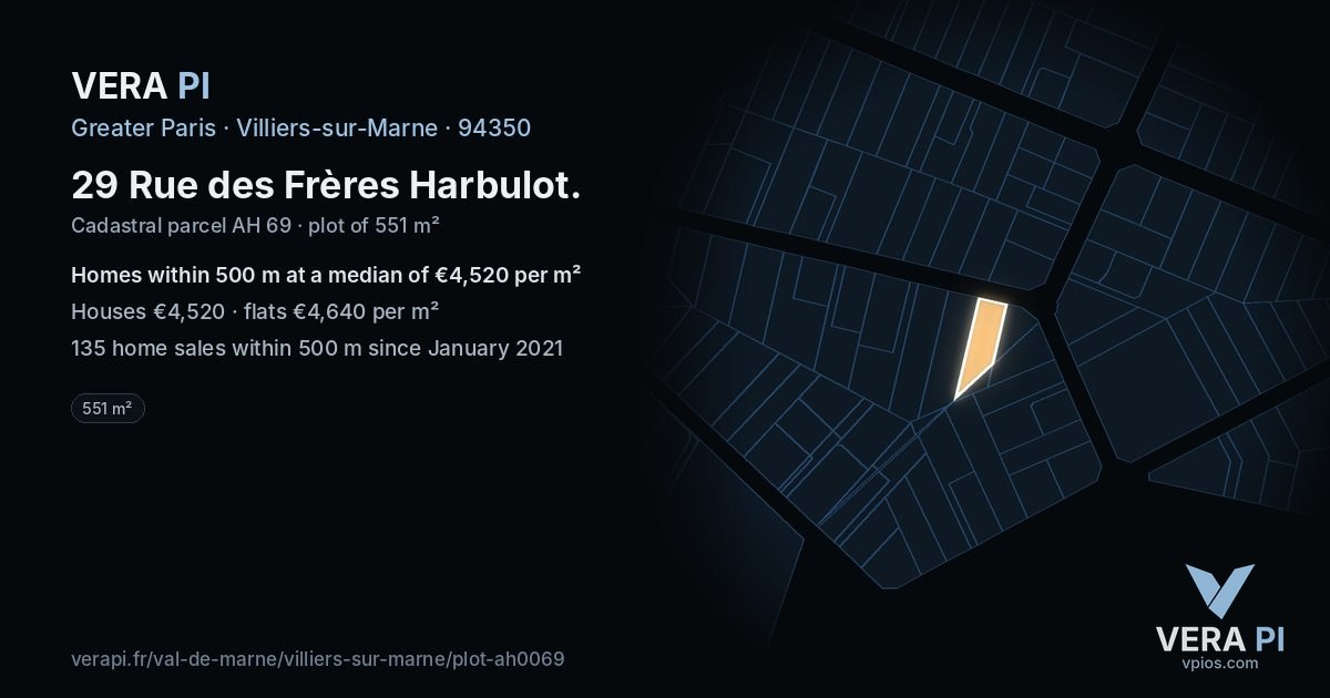 29 Rue des Frères Harbulot, Villiers-sur-Marne at night – the plot lit, the parcels around coloured by the prices near them