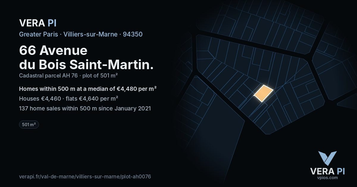 66 Avenue du Bois Saint-Martin, Villiers-sur-Marne at night – the plot lit, the parcels around coloured by the prices near them