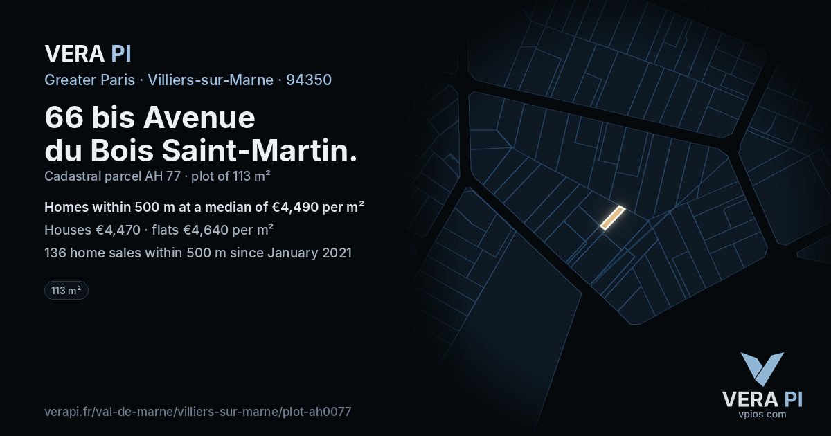 66 bis Avenue du Bois Saint-Martin, Villiers-sur-Marne at night – the plot lit, the parcels around coloured by the prices near them