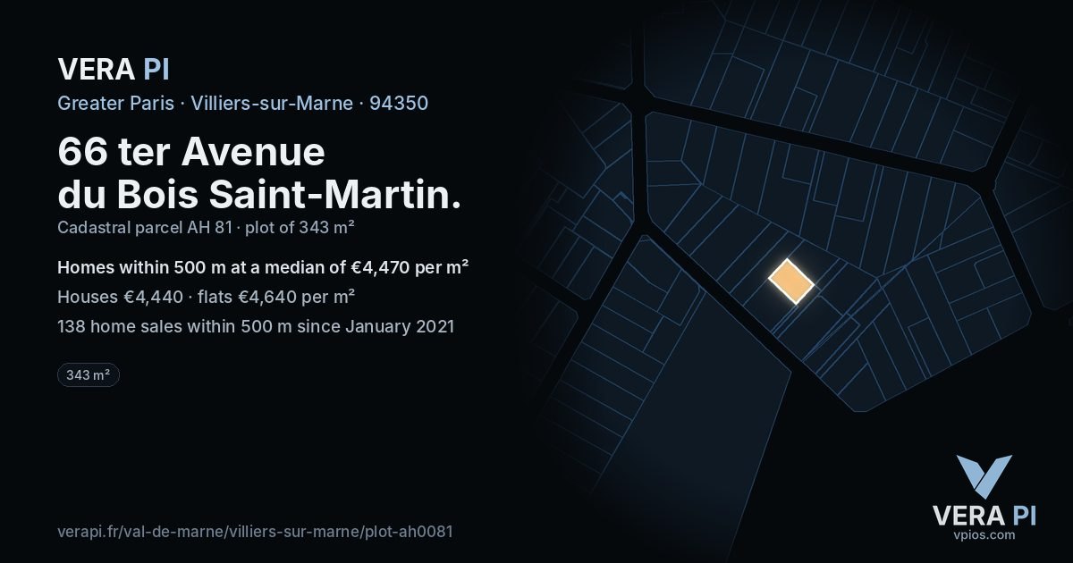 66 ter Avenue du Bois Saint-Martin, Villiers-sur-Marne at night – the plot lit, the parcels around coloured by the prices near them
