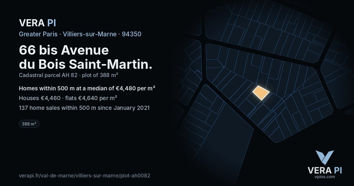 66 bis Avenue du Bois Saint-Martin, Villiers-sur-Marne at night – the plot lit, the parcels around coloured by the prices near them