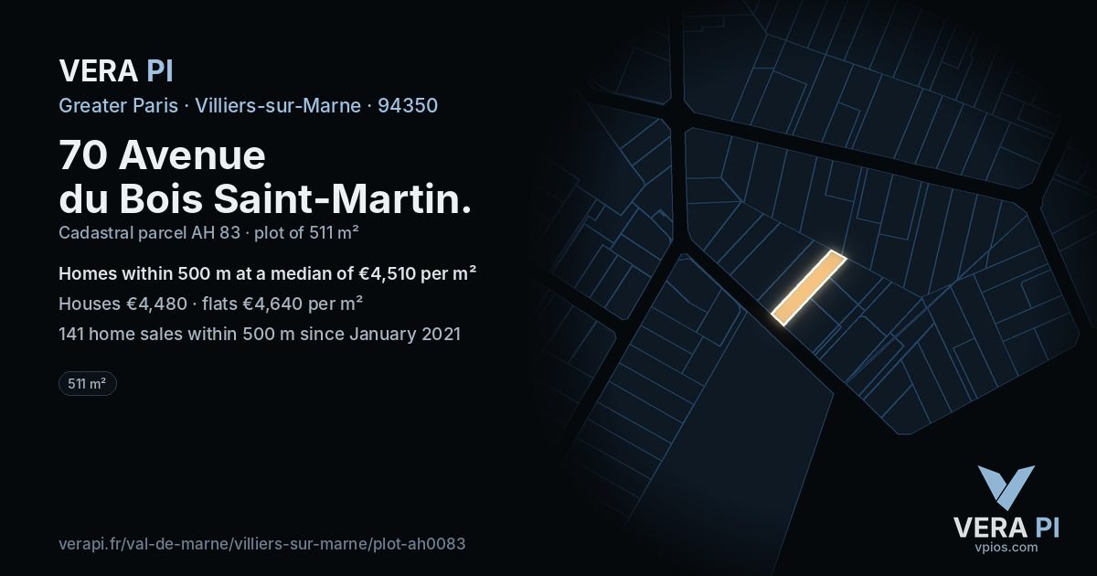 70 Avenue du Bois Saint-Martin, Villiers-sur-Marne at night – the plot lit, the parcels around coloured by the prices near them