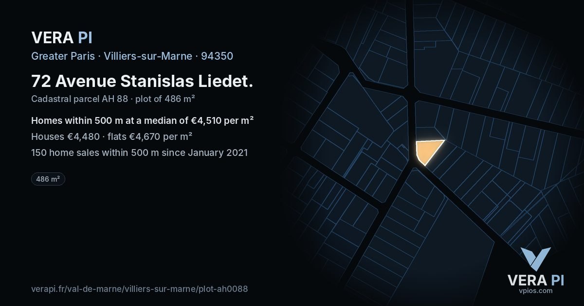 72 Avenue Stanislas Liedet, Villiers-sur-Marne at night – the plot lit, the parcels around coloured by the prices near them