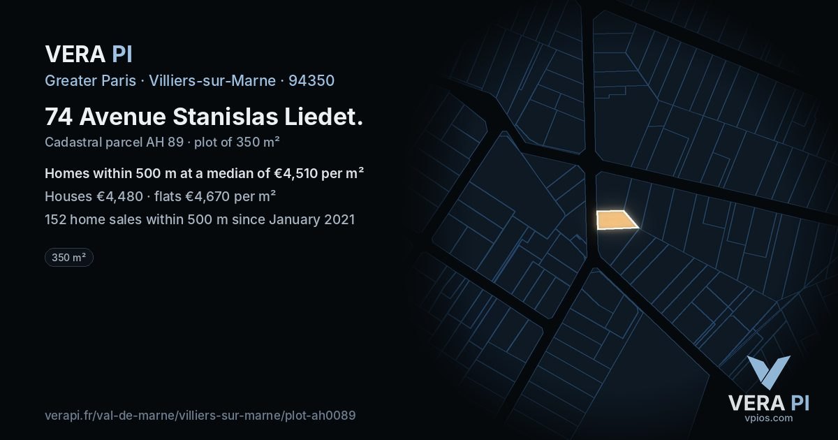 74 Avenue Stanislas Liedet, Villiers-sur-Marne at night – the plot lit, the parcels around coloured by the prices near them