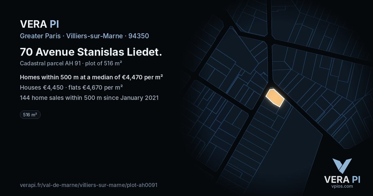 70 Avenue Stanislas Liedet, Villiers-sur-Marne at night – the plot lit, the parcels around coloured by the prices near them