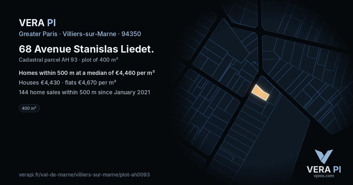 68 Avenue Stanislas Liedet, Villiers-sur-Marne at night – the plot lit, the parcels around coloured by the prices near them