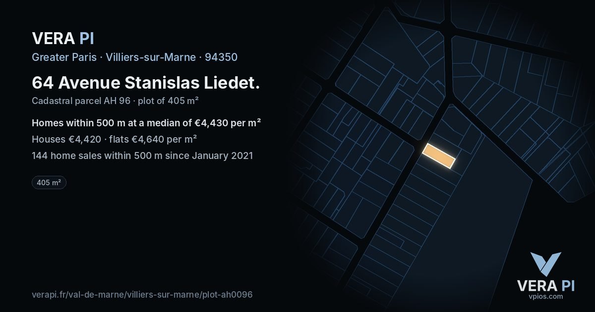 64 Avenue Stanislas Liedet, Villiers-sur-Marne at night – the plot lit, the parcels around coloured by the prices near them
