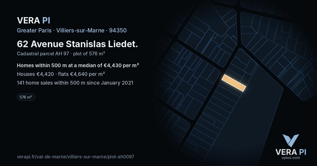 62 Avenue Stanislas Liedet, Villiers-sur-Marne at night – the plot lit, the parcels around coloured by the prices near them
