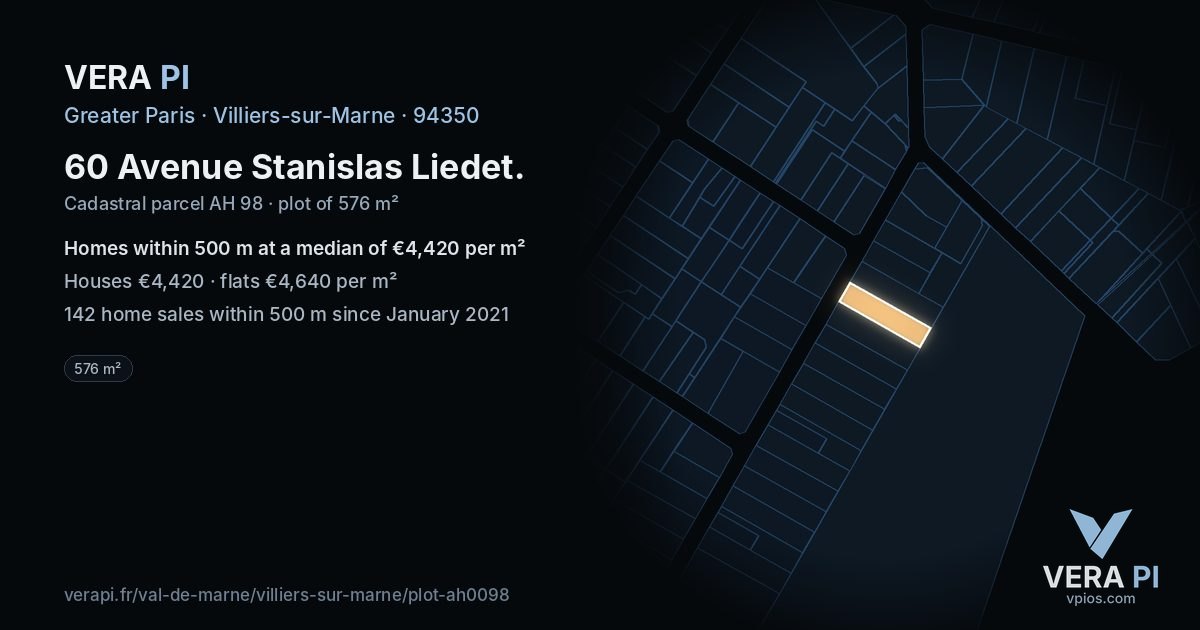 60 Avenue Stanislas Liedet, Villiers-sur-Marne at night – the plot lit, the parcels around coloured by the prices near them