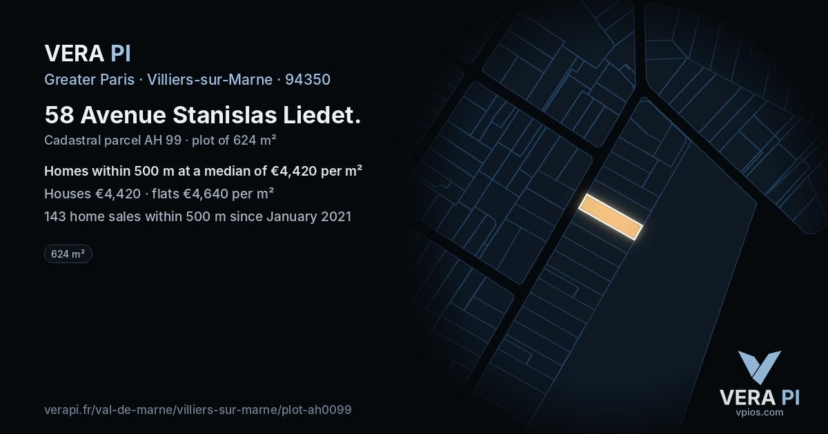 58 Avenue Stanislas Liedet, Villiers-sur-Marne at night – the plot lit, the parcels around coloured by the prices near them