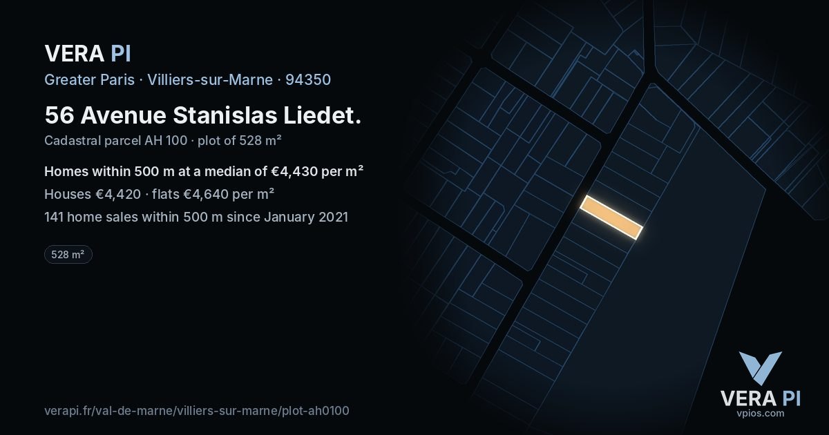 56 Avenue Stanislas Liedet, Villiers-sur-Marne at night – the plot lit, the parcels around coloured by the prices near them