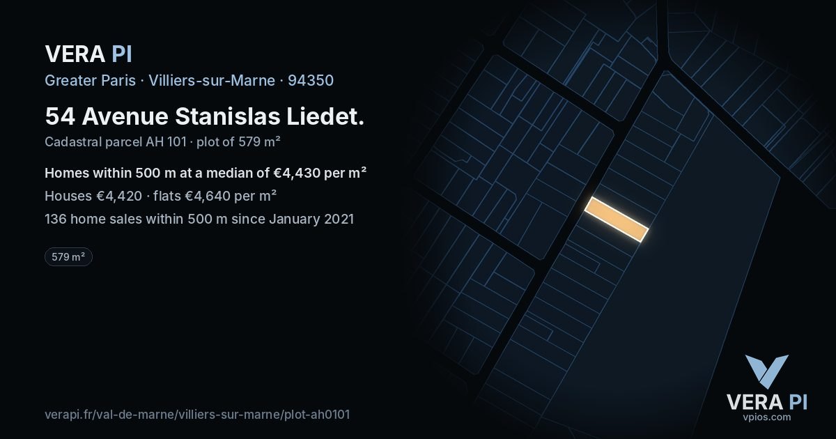 54 Avenue Stanislas Liedet, Villiers-sur-Marne at night – the plot lit, the parcels around coloured by the prices near them
