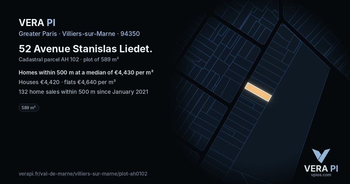 52 Avenue Stanislas Liedet, Villiers-sur-Marne at night – the plot lit, the parcels around coloured by the prices near them