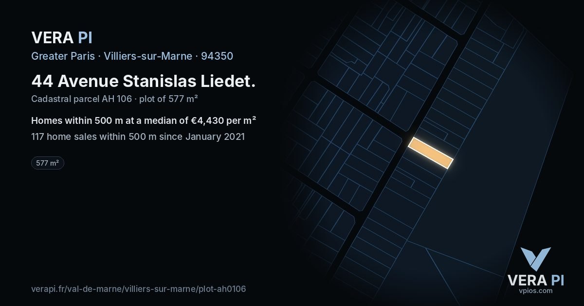 44 Avenue Stanislas Liedet, Villiers-sur-Marne at night – the plot lit, the parcels around coloured by the prices near them