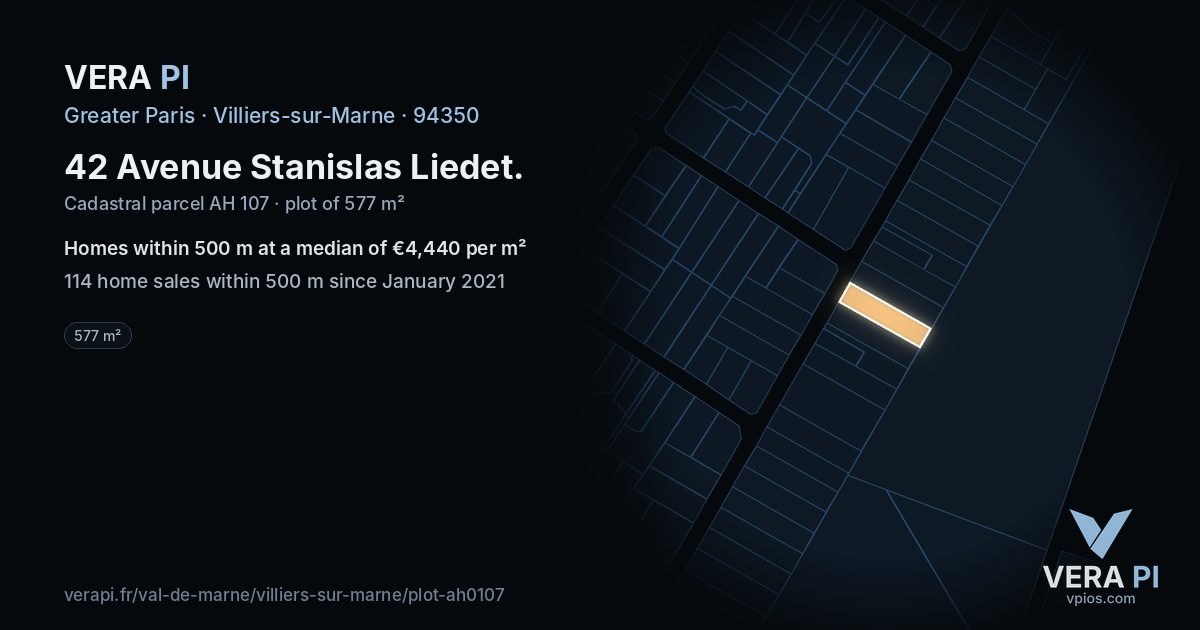 42 Avenue Stanislas Liedet, Villiers-sur-Marne at night – the plot lit, the parcels around coloured by the prices near them