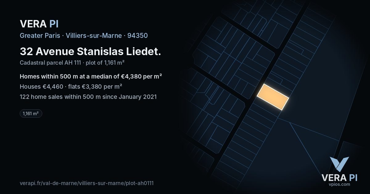 32 Avenue Stanislas Liedet, Villiers-sur-Marne at night – the plot lit, the parcels around coloured by the prices near them