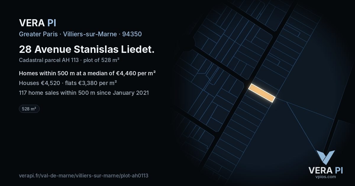 28 Avenue Stanislas Liedet, Villiers-sur-Marne at night – the plot lit, the parcels around coloured by the prices near them
