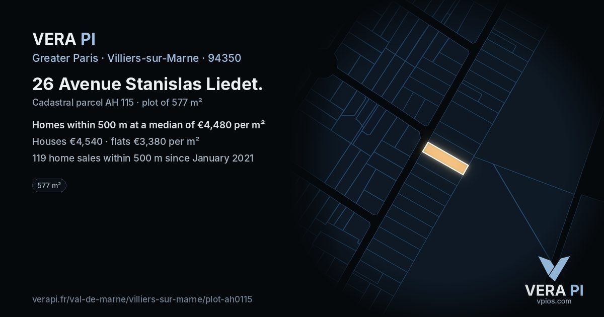 26 Avenue Stanislas Liedet, Villiers-sur-Marne at night – the plot lit, the parcels around coloured by the prices near them