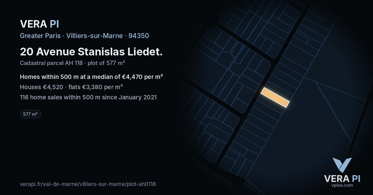 20 Avenue Stanislas Liedet, Villiers-sur-Marne at night – the plot lit, the parcels around coloured by the prices near them