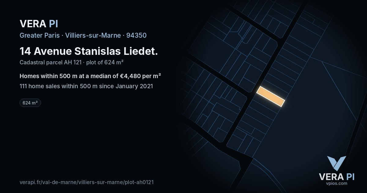 14 Avenue Stanislas Liedet, Villiers-sur-Marne at night – the plot lit, the parcels around coloured by the prices near them